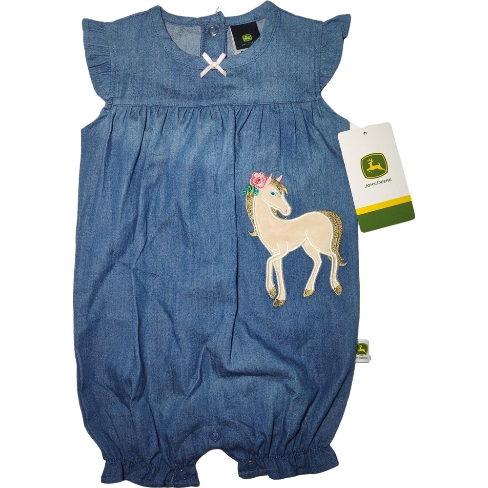 John Deere Baby Girl 3 6 Mos 1pc Horse Romper Outfit Jean Blue NWT